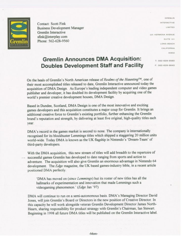 Gremlin Interactive Acquires DMA Design Press Release